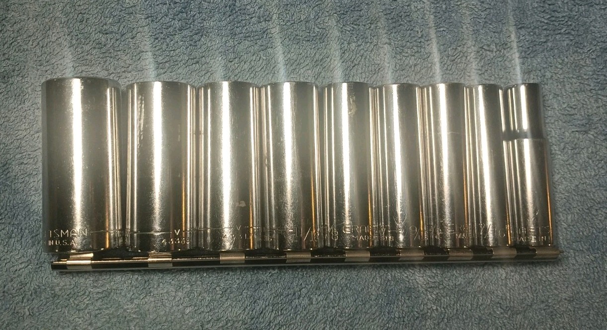 Craftsman 9 PC Socket Set. SAE Deep Chrome 3/8-7/8″. 7 12 Pt, 2 6pt (13/16 7/8).
