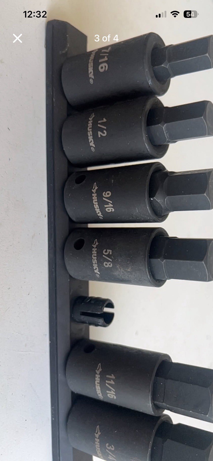 Black Husky hex bit socket set has 7/16, 1/2, 9/16, 5/8, 11/16, and 3/4 inch