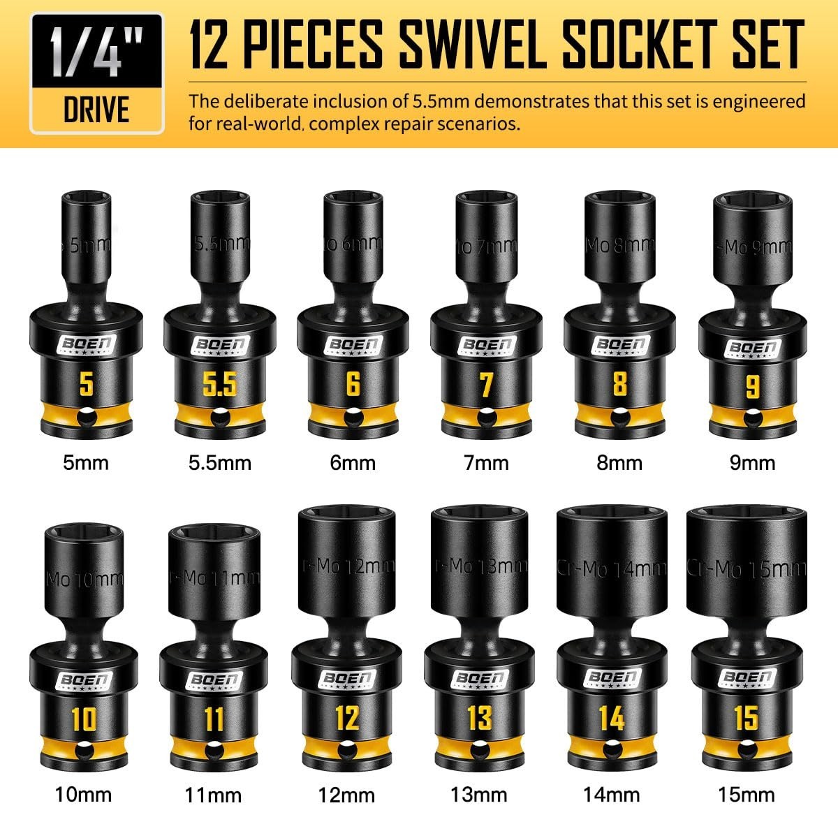 12-Piece 1/4″ Drive Impact Swivel Socket Set, Metric 5mm-15mm, CR-MO Steel, 6-Po