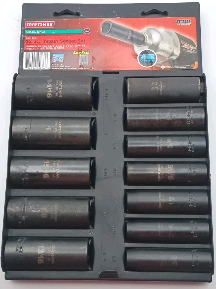 CRAFTSMAN Deep Impact Socket Set 1/2″ Drive 6-Point 9-15886 USA Made 12 Piece