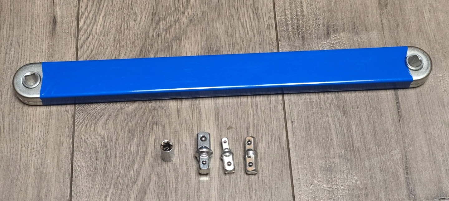 Wrench Extender Tool, Internal Chain Drive w/ Multiple socket adapter options.