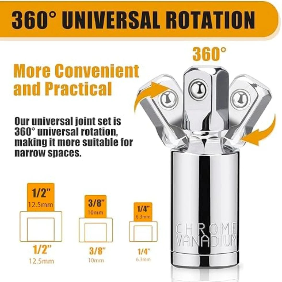 3PCS Impact Universal Joint Swivel Socket Adapter Set 1/4″ 3/8” 1/2″ Drive 360°