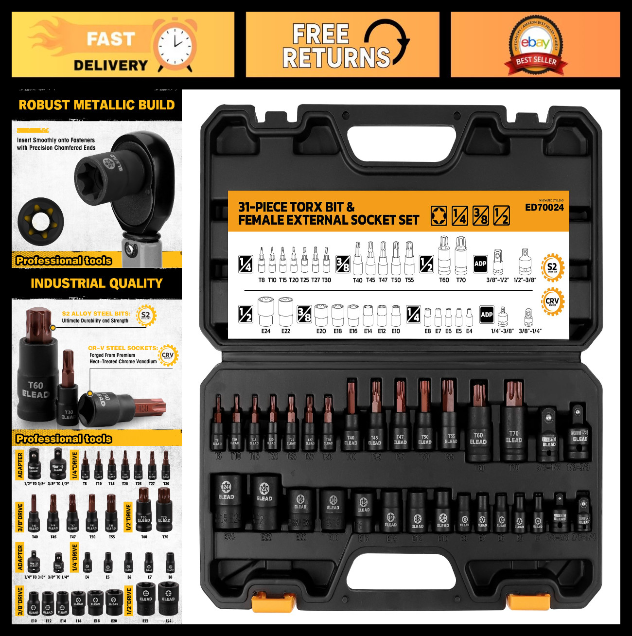 31-Piece Torx Bit Socket Set – 14 Star Bits T8-T70 & 13 E-Torx Sockets E4-E24, C