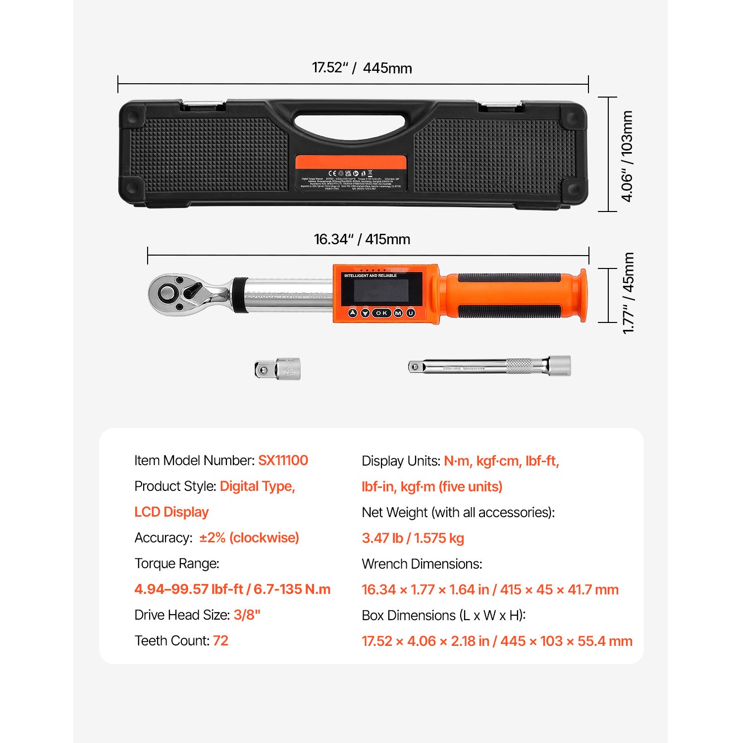 Uimoso3/8 Inch Digital Torque Wrench 4.94–99.57 lbf-ft with LED Screen, 72-Tooth