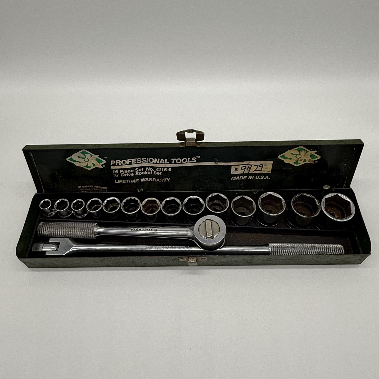 SK Professional Tools 16 Pieces Set 4116-6 Drive Socket Set 1/2” + Metal Case