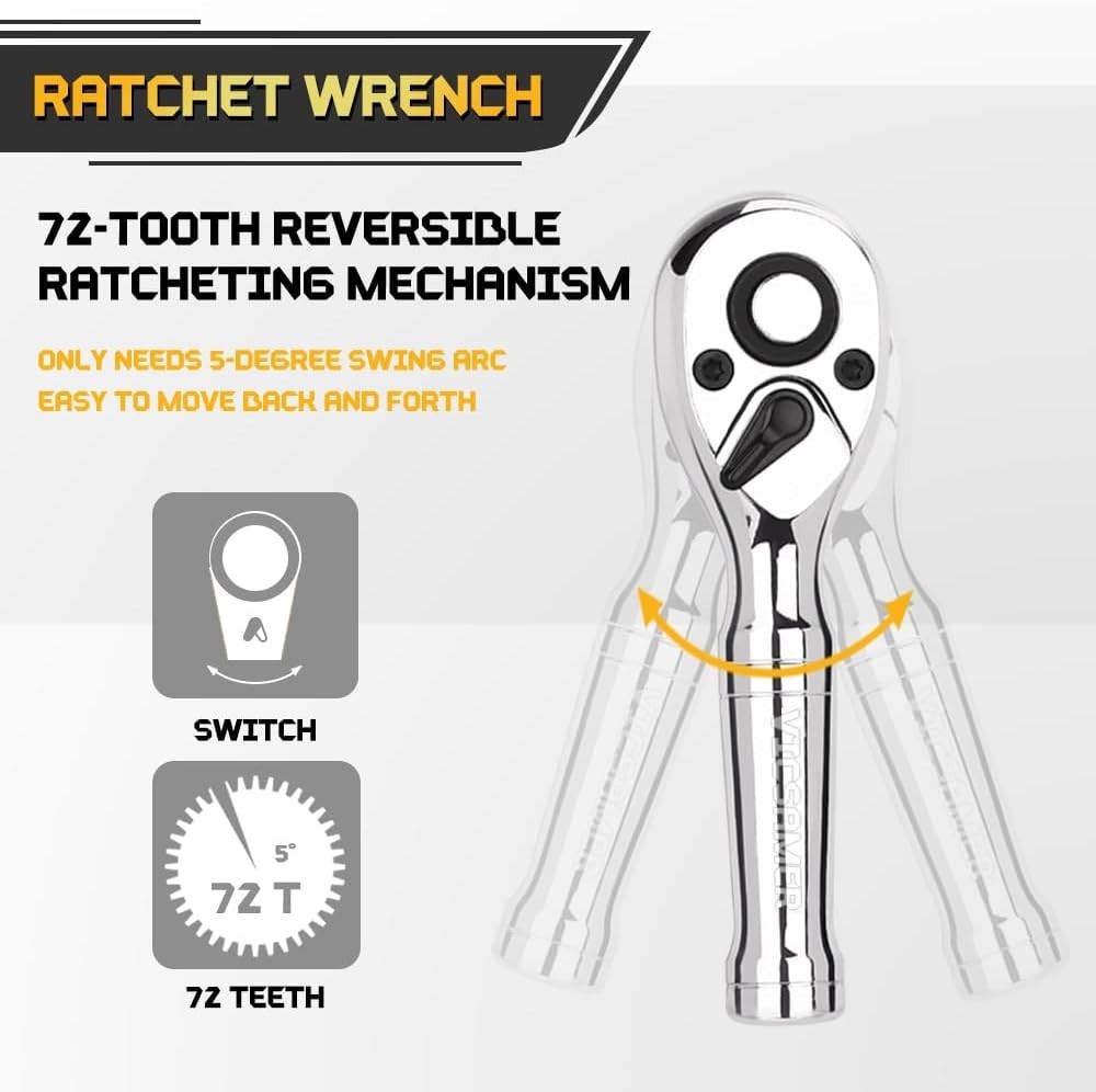 Stubby Ratchet Set- 3/8″ Drive Handle with a Extension Bars, Silver
