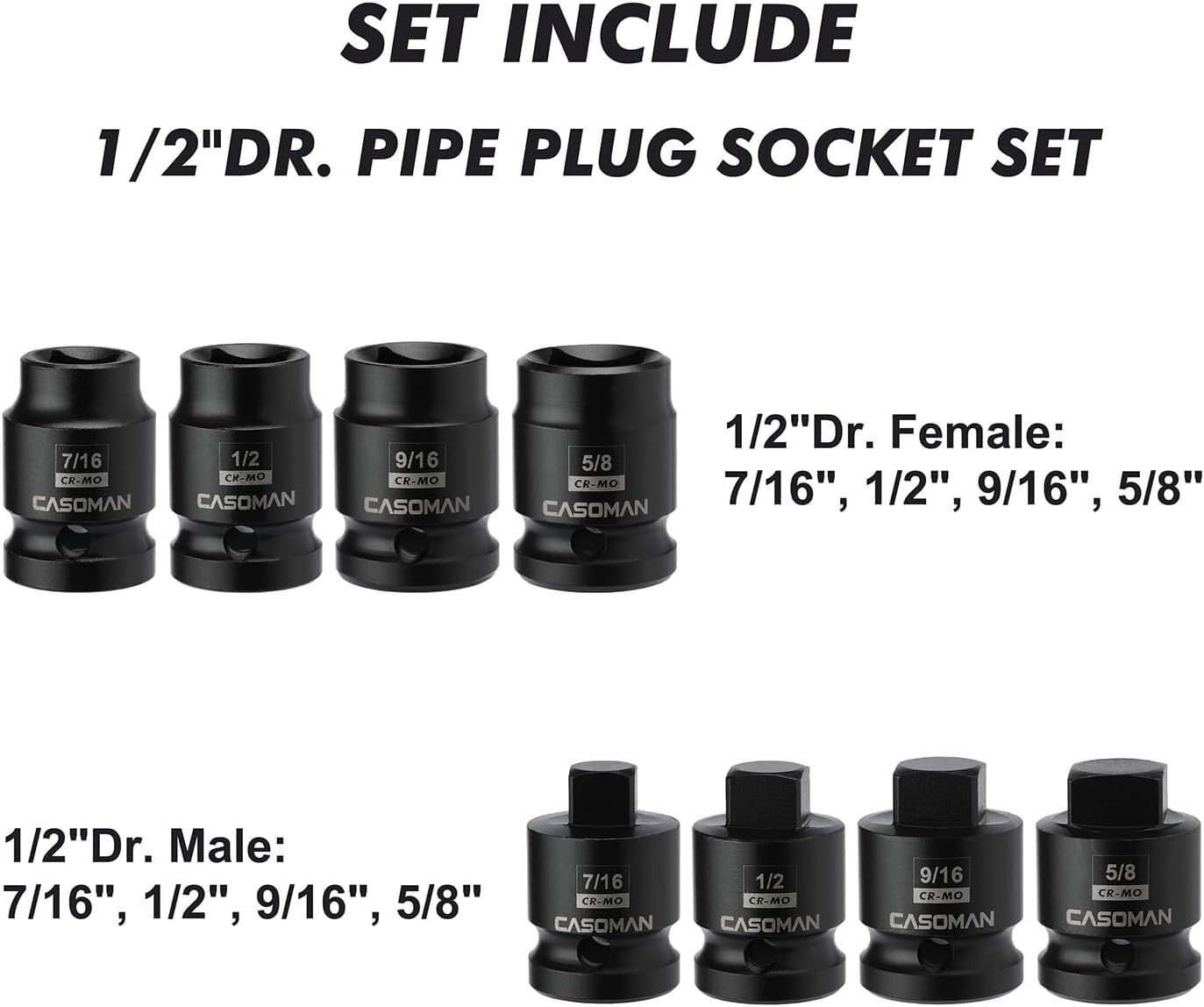 8PCS 1/2-Inch Drive Pipe Plug Socket Set Cr-Mo 7/16″, 1/2″, 5/8″, 9/16″