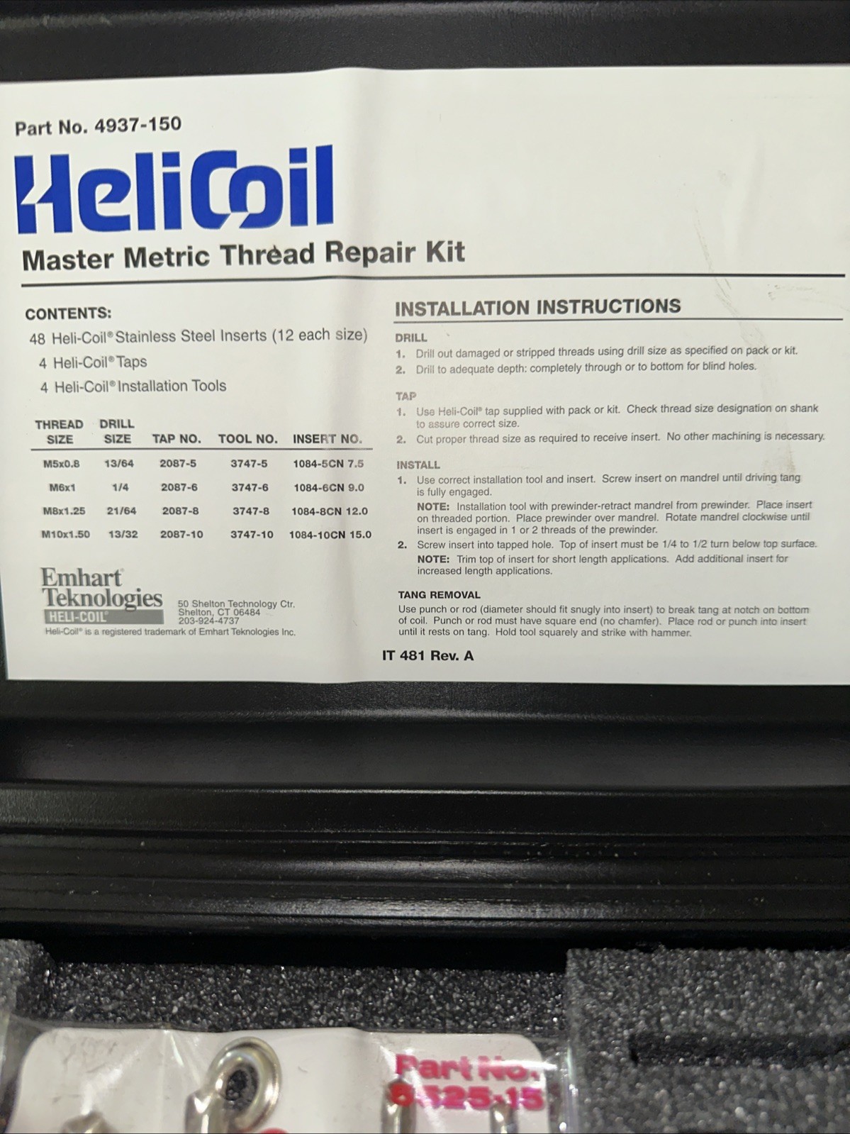 4937-150 Helicoil Metric Master Thread Repair Kit Used See Pictures