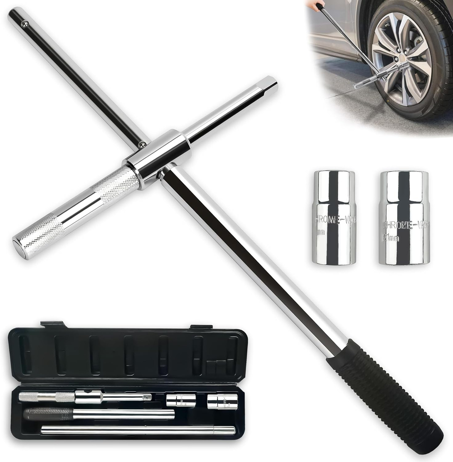 25 Inch Heavy Duty Extended Lug Wrench with Blow Storage Case 4 Way Tire Iron