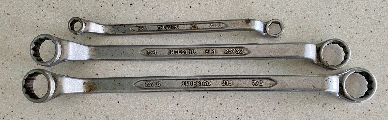 Indestro Offset Box End Wrench Lot 3 Pcs #911 3/8 7/16 #914 3/4 25/32 #915 7/8
