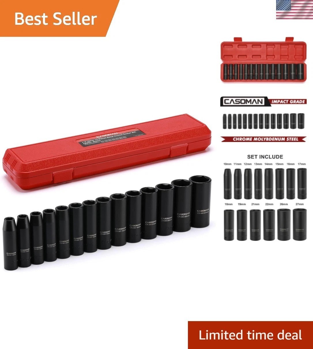 1/2-Inch Drive Deep Impact Socket Set, 14 Pieces Set, 10mm-27mm, CR-MO, Metri…