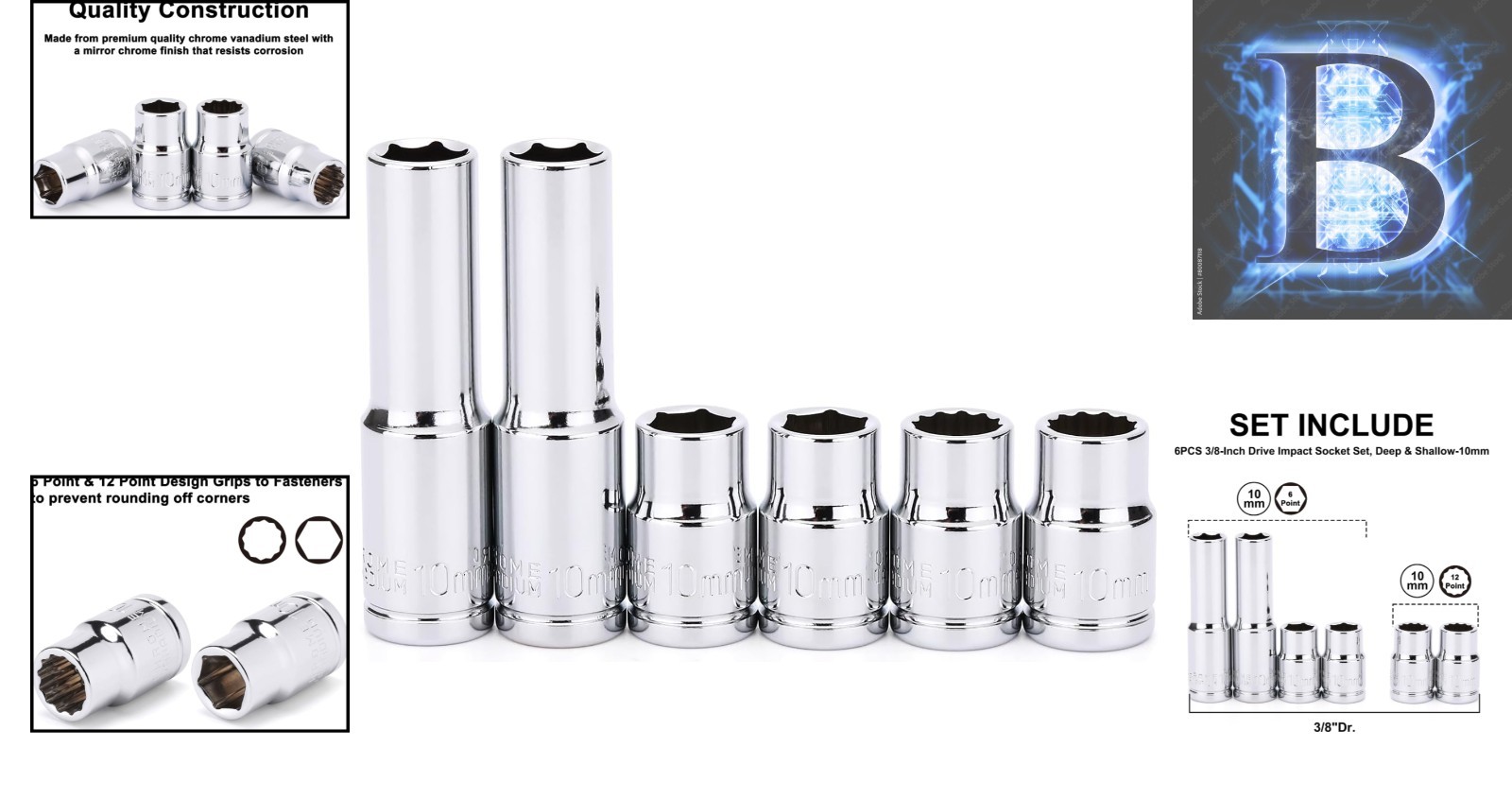 3/8-Inch Drive 6-Piece Impact Socket Set with Corrosion-Resistant Chrome Finish