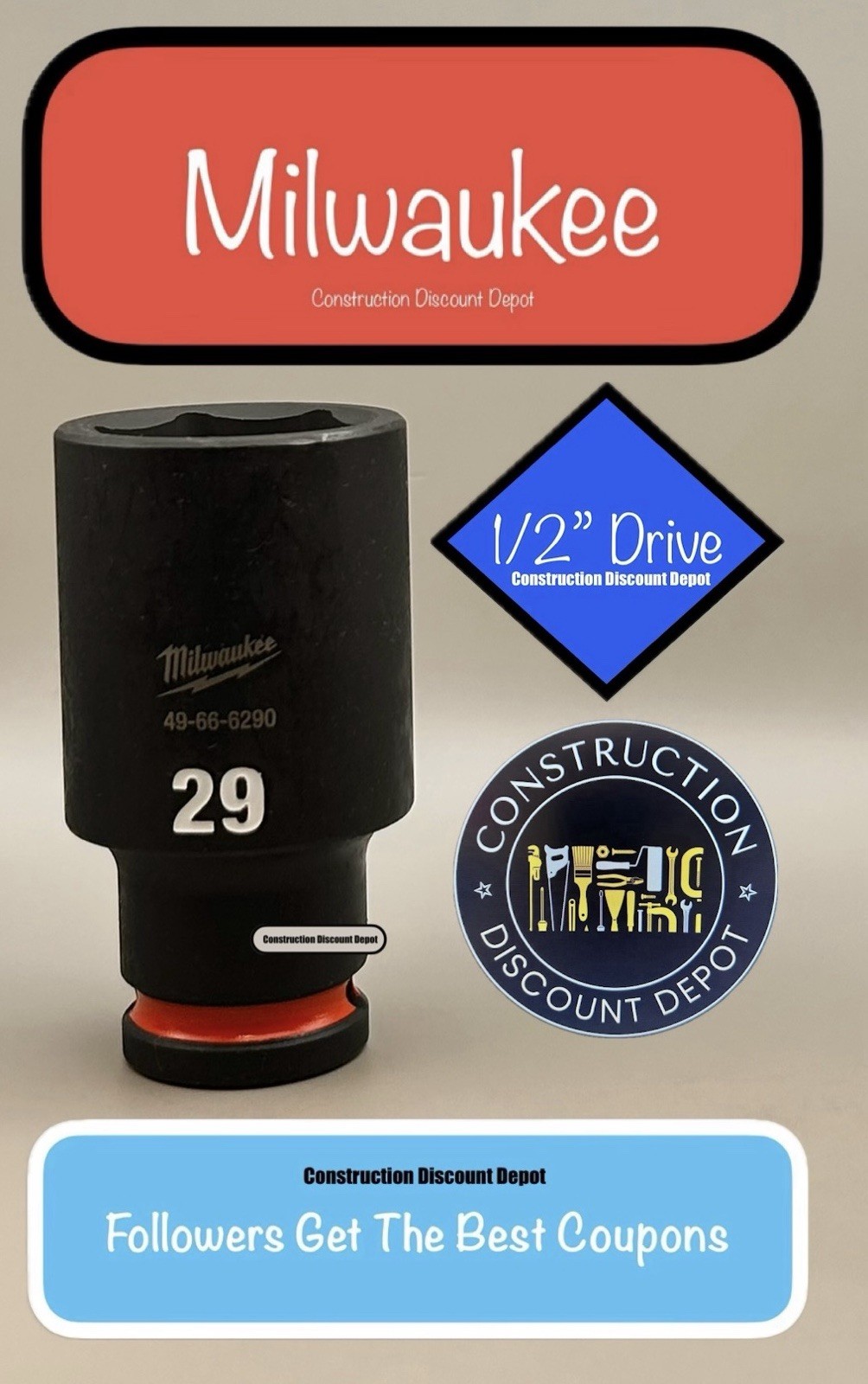 Milwaukee 49-66-6290 29MM Shockwave Impact Duty 1/2 In. Drive Deep Socket 29 MM