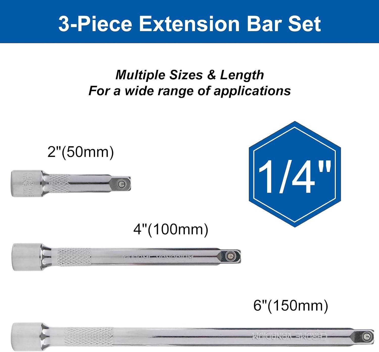 1/4 Inch Drive Socket Extension Set – 3 Pieces in Chrome Vanadium Steel