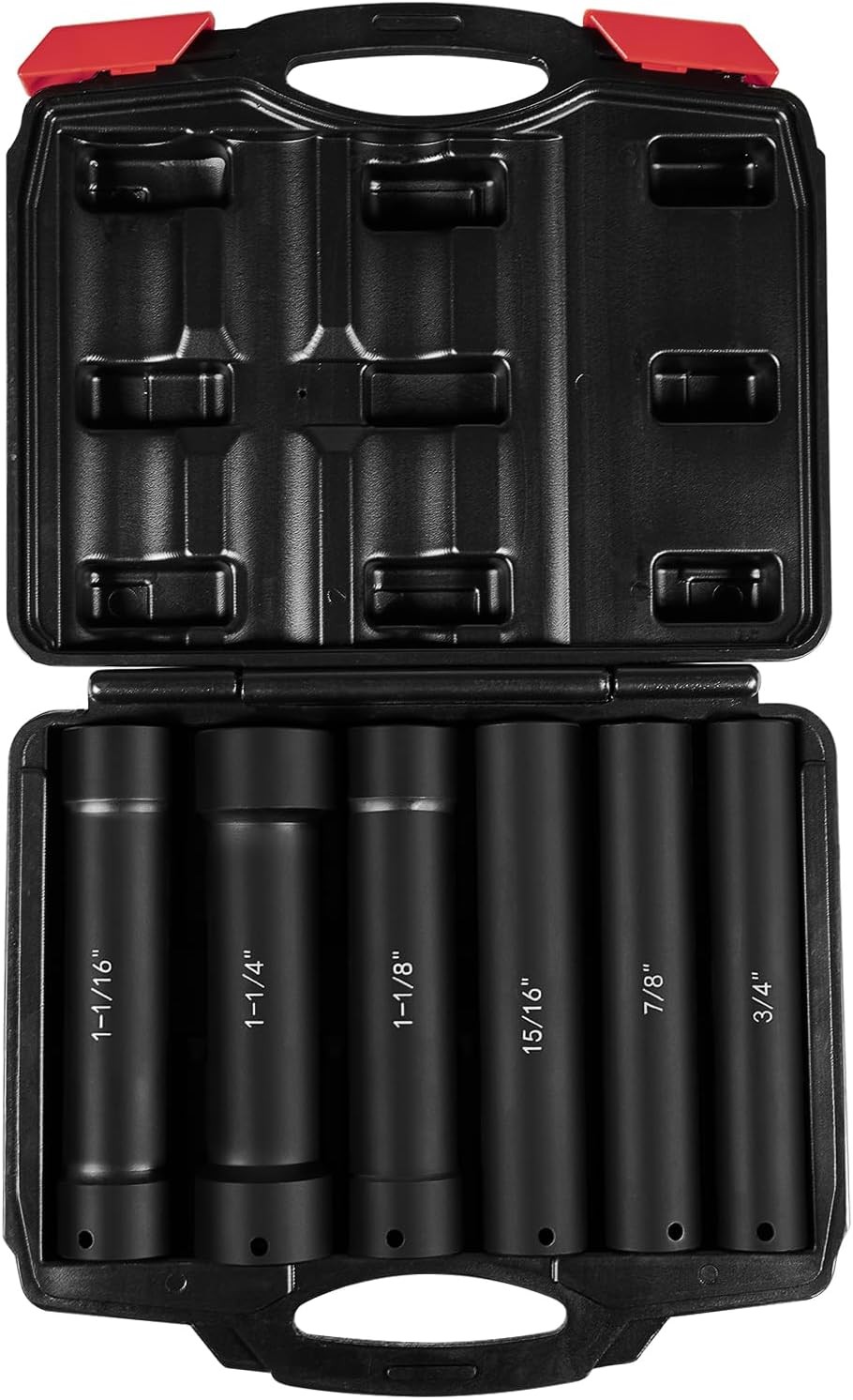 (6PCS) 1/2» Drive Heavy Duty Extended Length Impact Socket Set With Case