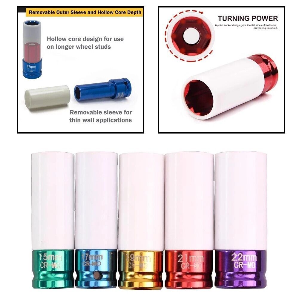 VLAND 5 PCS Set 1/2 Inch Impact Drive Lug Nut Socket Non-Marring Thin Walled set