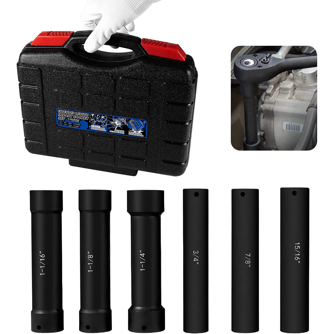 1/2» Drive Heavy Duty Extended Length Extra-Deep Length Impact Socket Set 6PCS