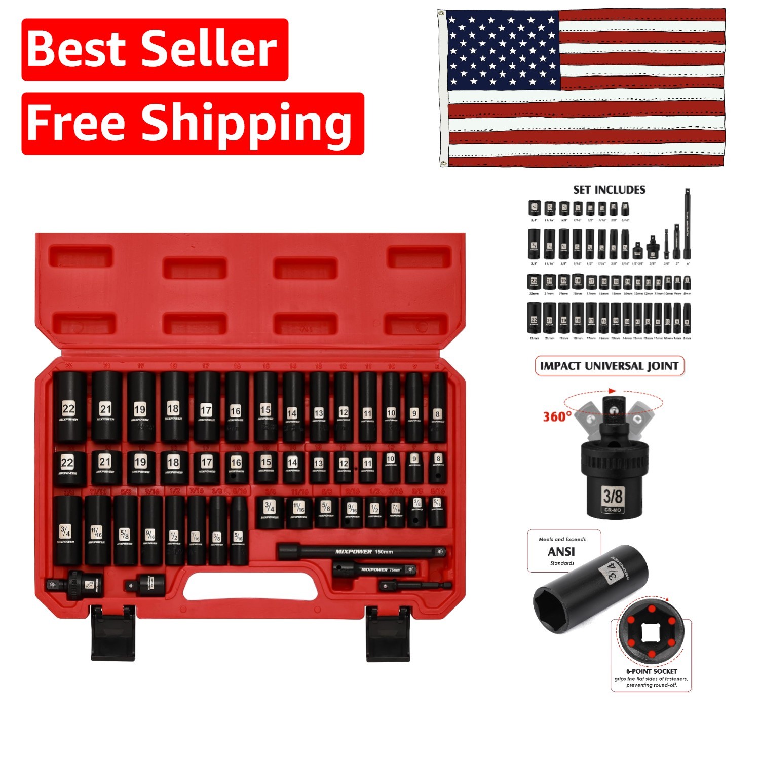 Professional 3/8″ Drive Impact Socket Set – 6-Point, 49-Piece Cr-V Collection