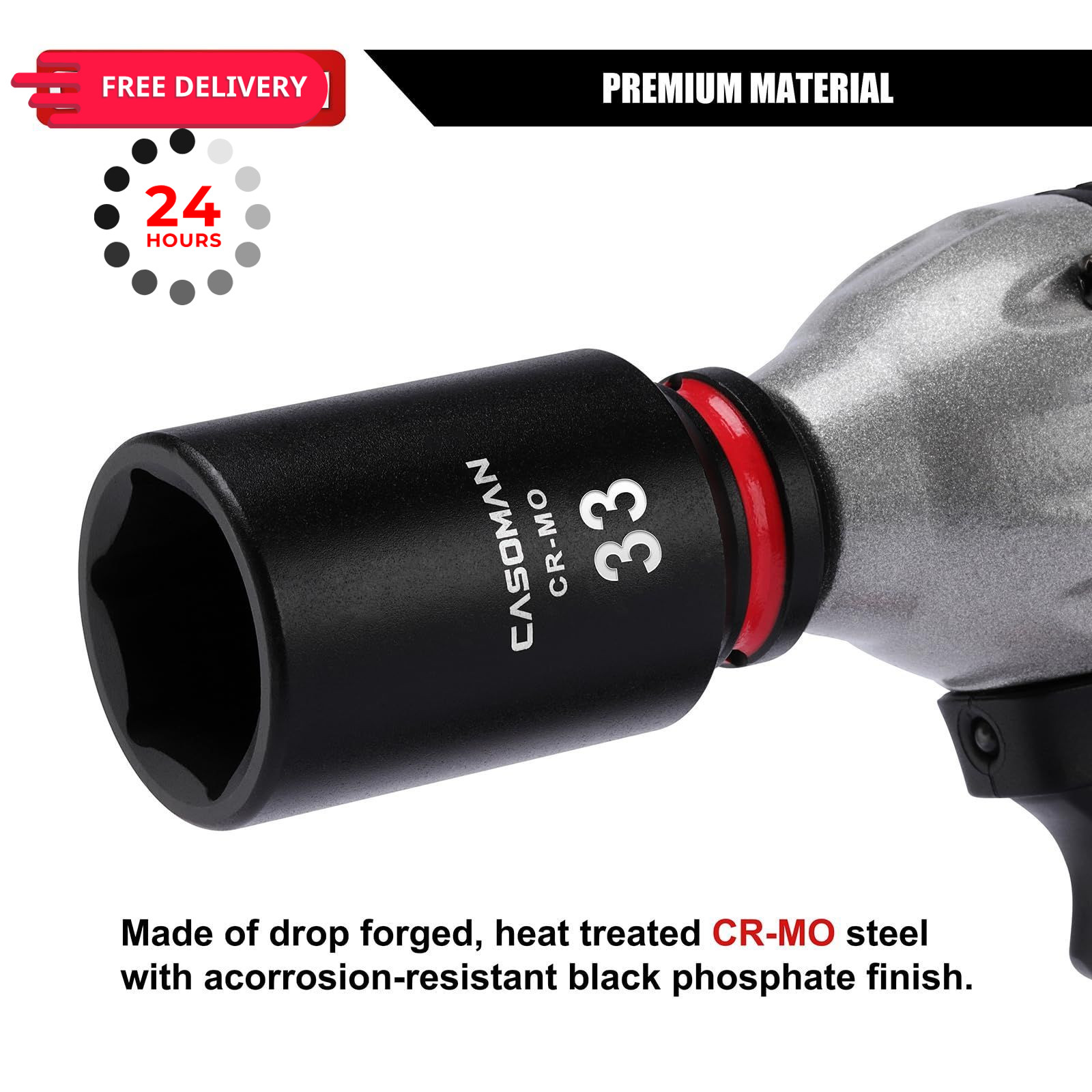 CASOMAN 1/2″ Drive x 33mm Deep Impact Socket, 6-Point, Metric, CR-MO