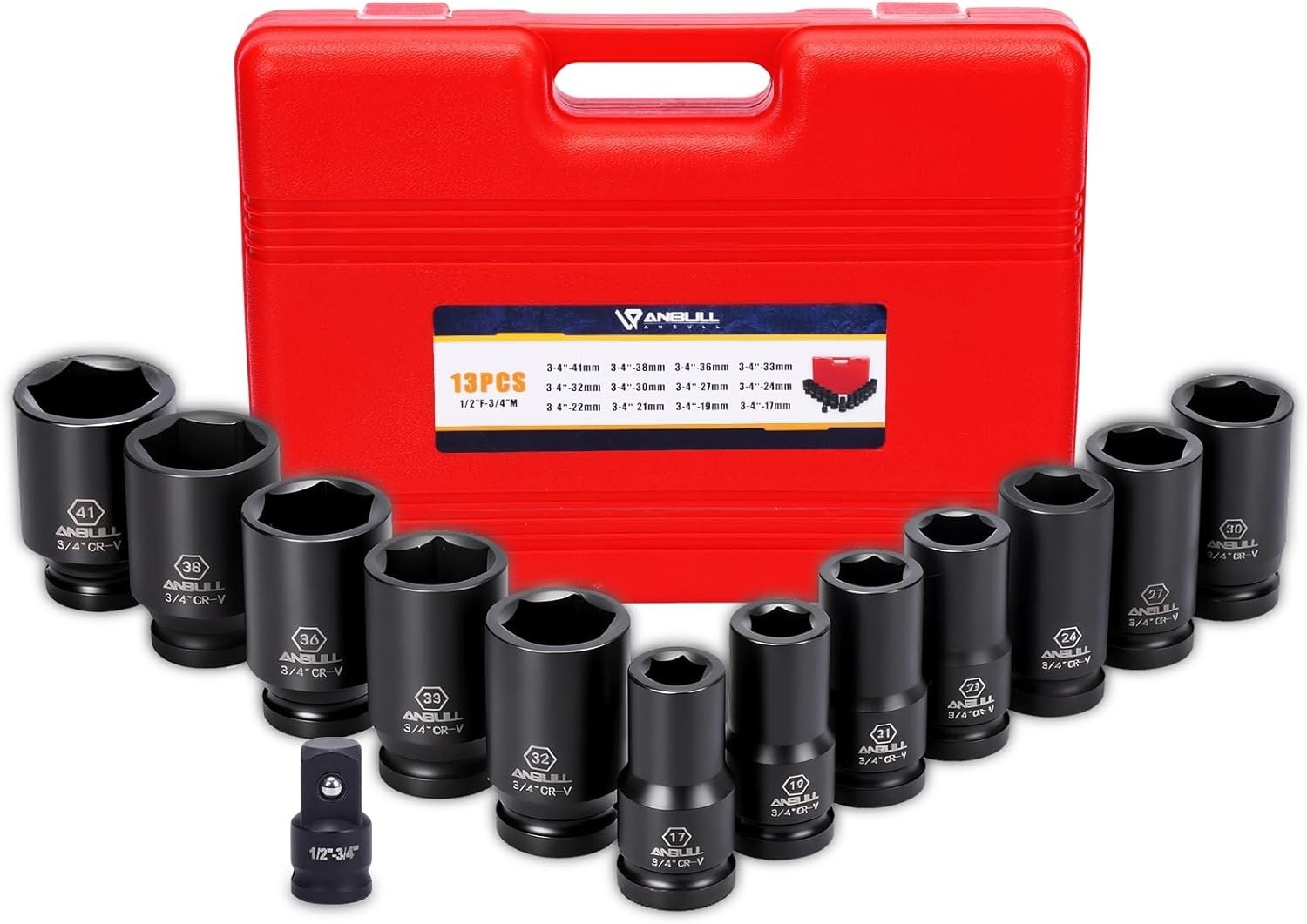 Anbull 3/4 Inch Drive Impact Socket Set – 13 Pc Metric Combo