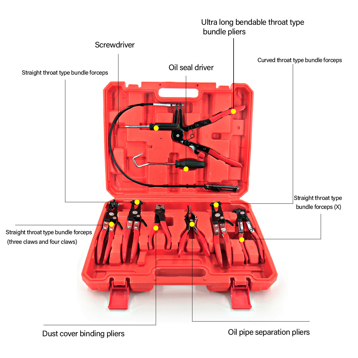 Flexible Automotive Hose Clamp Clip Plier Tool Set Swivel Jaw Flat Angled Band