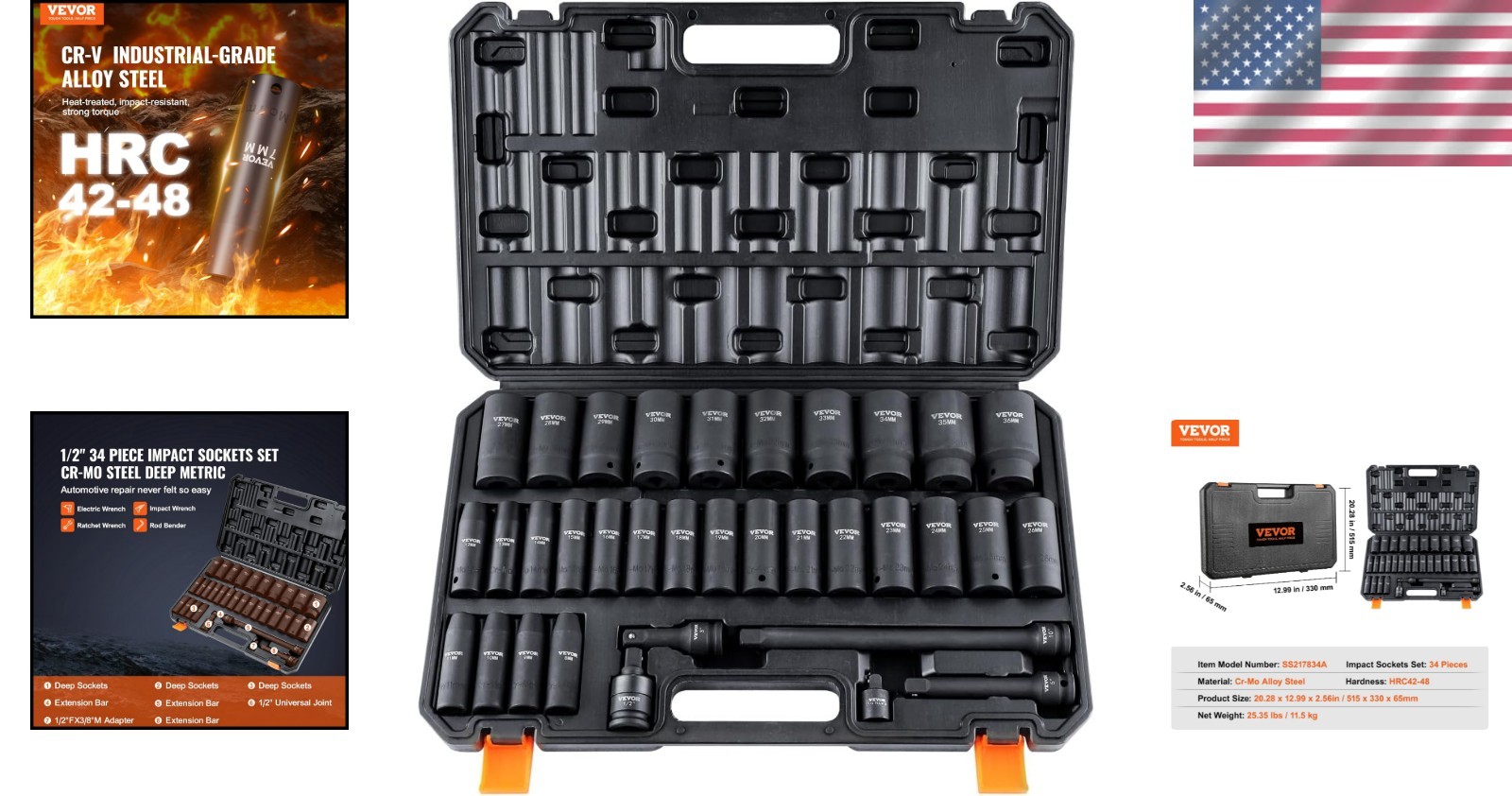 Comprehensive 34-Piece 1/2″ Drive Socket Set – Easy Size Markings & Storage Case
