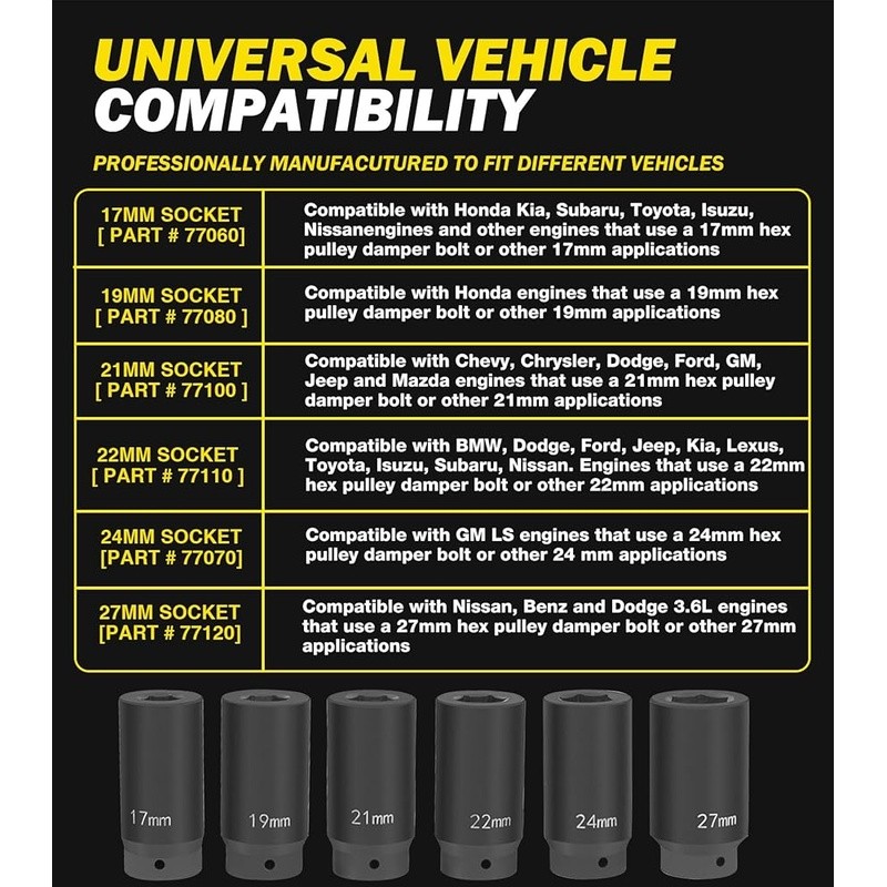 1/2» Drive Crank Bolt Socket Set – 17MM, 19MM, 21MM, 22MM, 24MM, 27MM 6 Pack