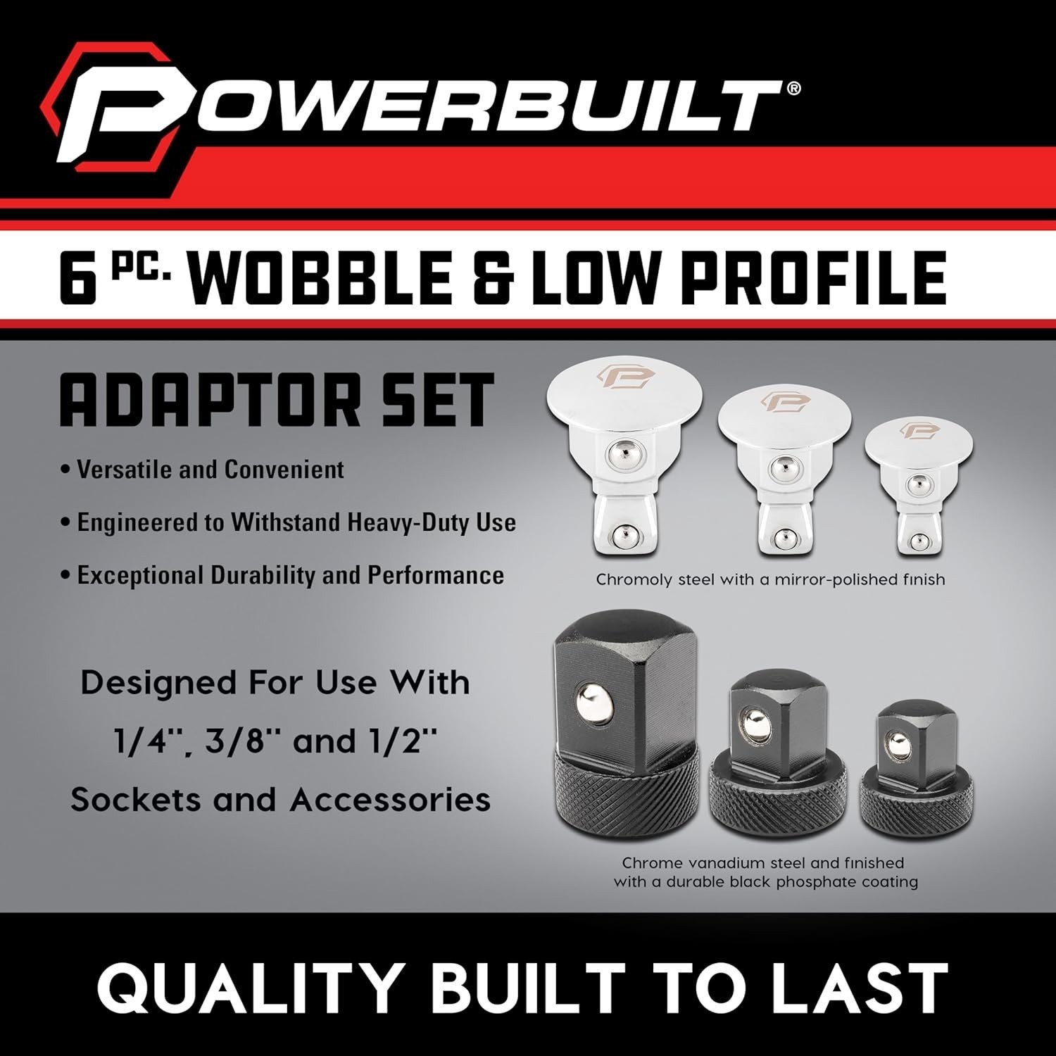Wrench Wobble Adapter Set 6 Piece Low Profile Socket 1/4 3/8 1/2 Inch