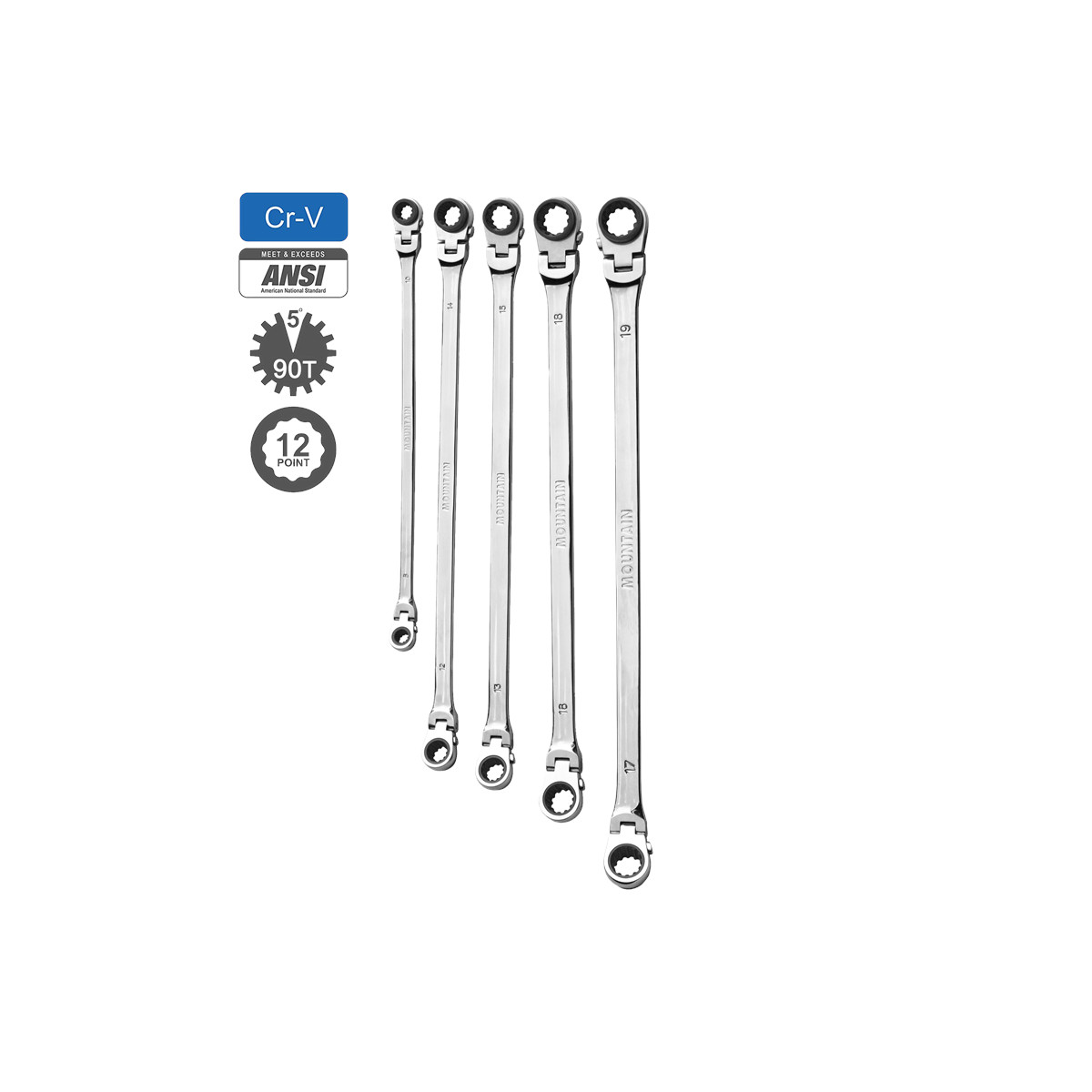 Mountain RM6, 5 Piece Metric Reversible Spline Ratcheting Wrench Set, Extra Long