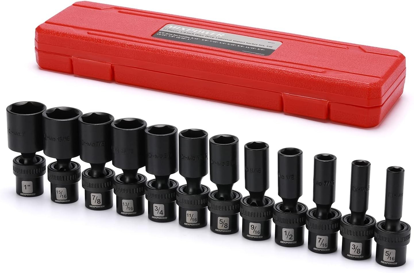 12 Pc Set 3/8″ Drive Deep Impact Swivel Socket, Chrome Moly//