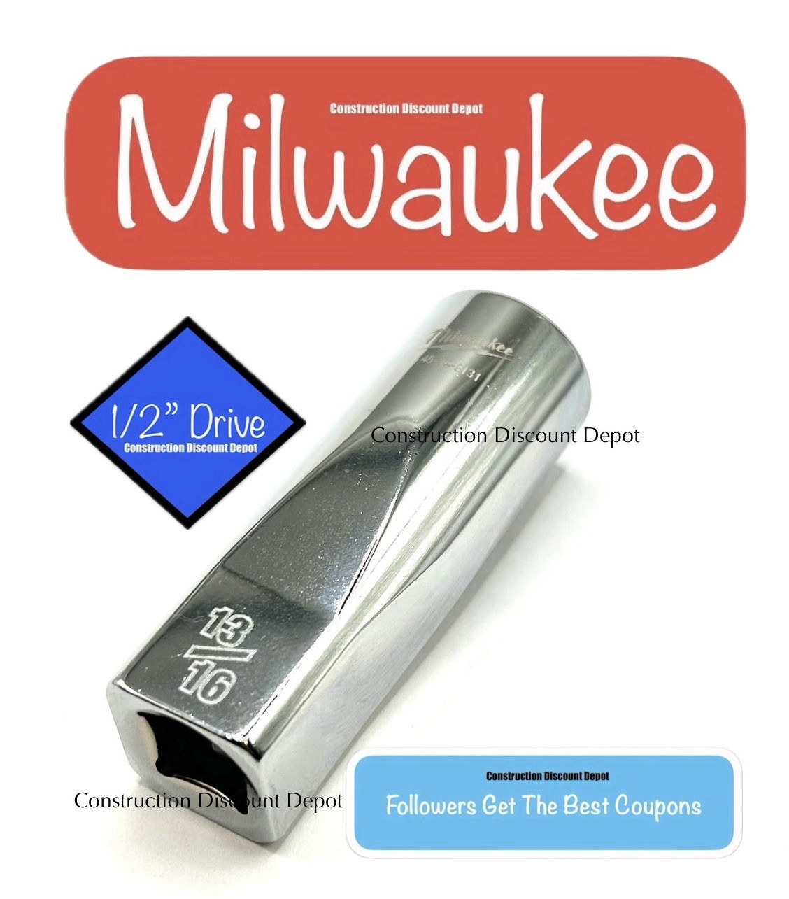 Milwaukee 13/16″ in. 1/2″ in. Drive SAE 6 Point Standard Deep Socket 45-34-9131