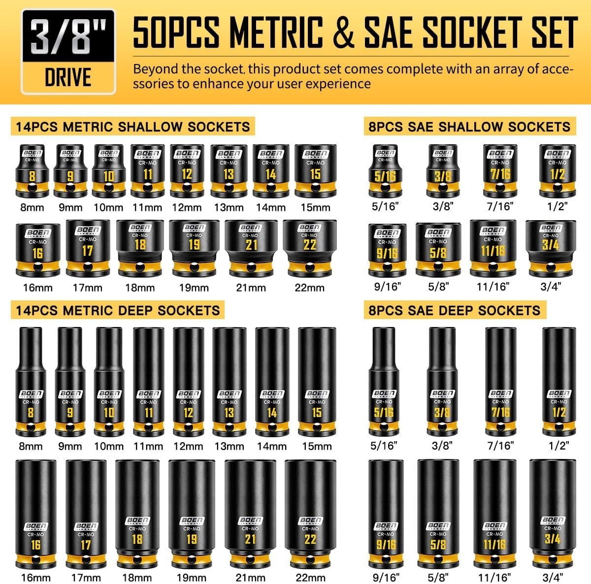 Complete 3/8» Drive Impact Socket Set – 50PCS with Manganese Phosphate Coating