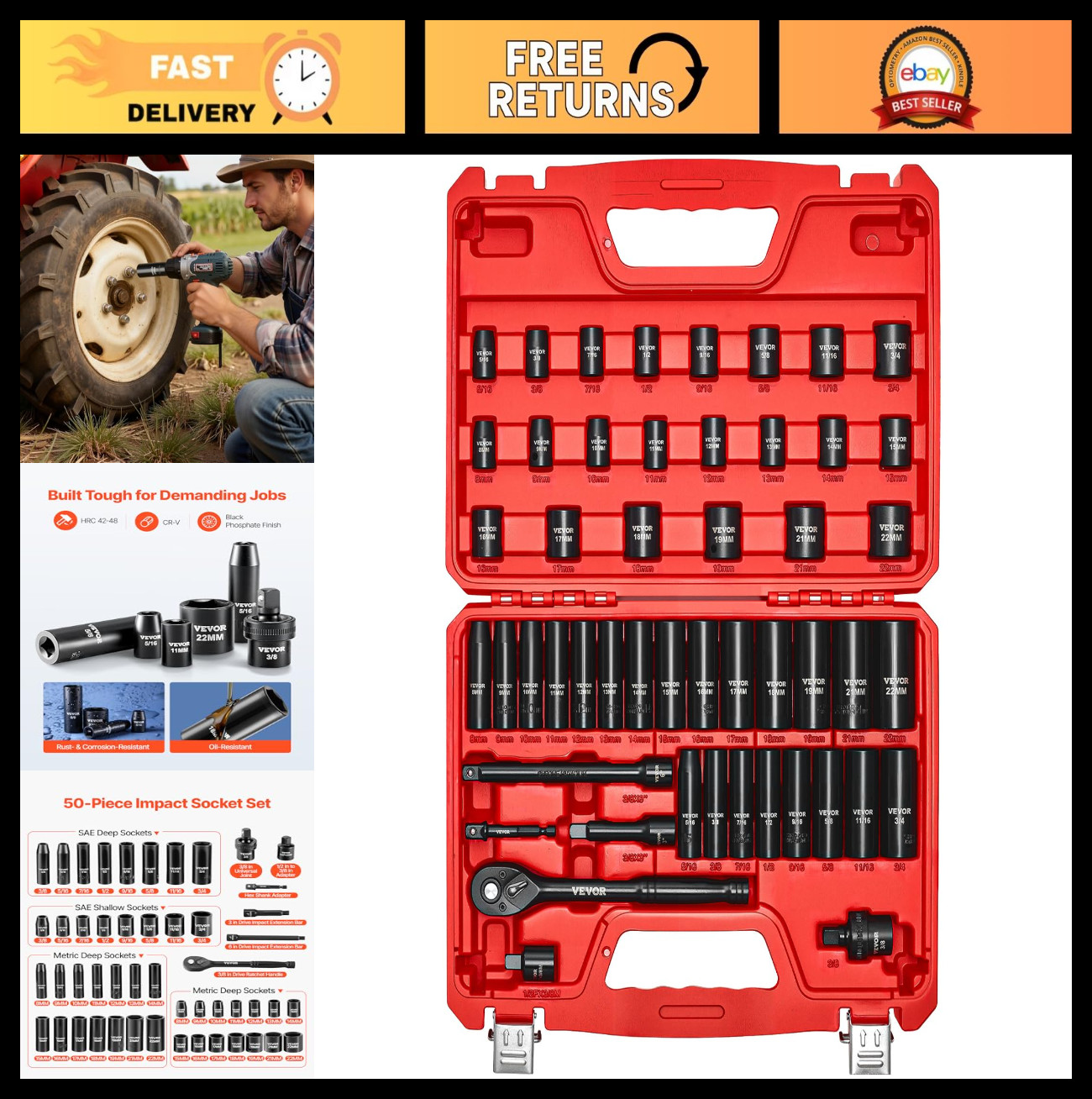 50-Piece 3/8″ Drive Impact Socket Set – SAE & Metric, Deep/Shallow, 6 Point, Rat