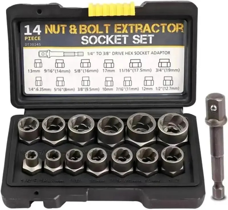 14pc Impact Bolt & Nut Remover Set 3/8″ Drive Bolt Extractor Tool Kit With Case