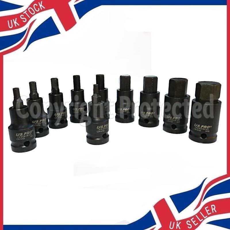 10PC 1/2″ DRIVE INDUSTRIAL IMPACT HEX BIT SOCKET SET 4-19MM METAL CASE ALLEN KEY