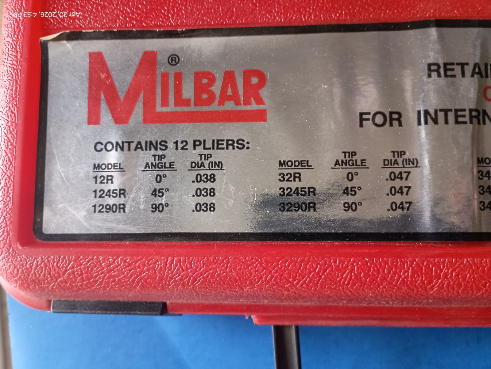 Milbar, #43R Retaining Ring Plier Set Convertibles ( Int/Ext), Set of 12