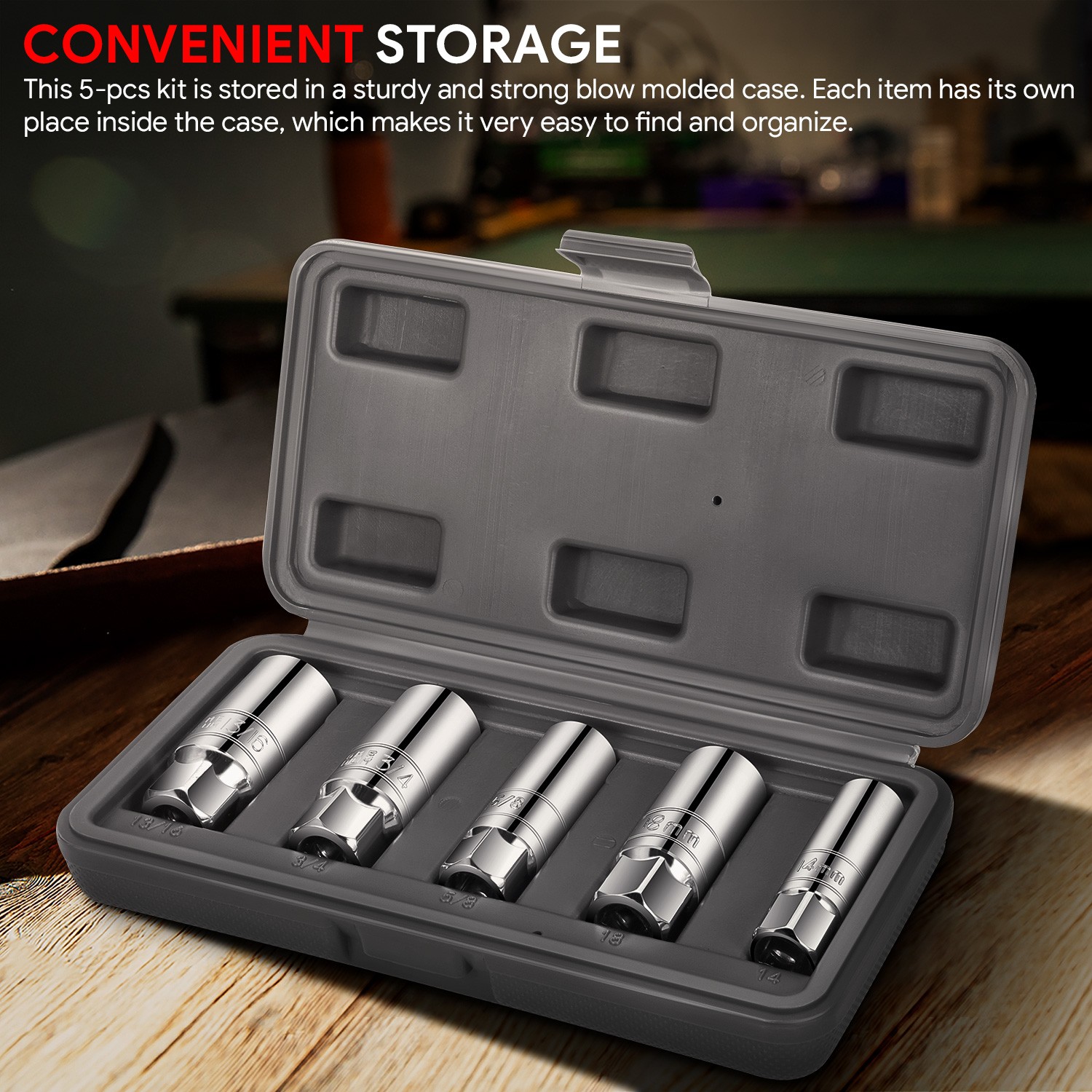 5 Pcs Chrome-Vanadium Steel 3/8 inches Spark Plug Impact Socket Set+Storage Case