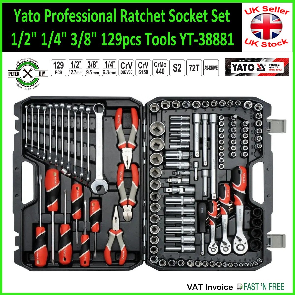 SOCKET SET RATCHET Yato Professional Tools 1/2″ 1/4″ 3/8″ 129pcs Tools YT-38881