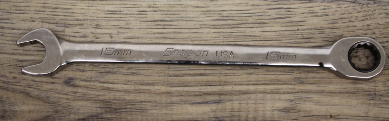 Snap-on Tools NOS 15mm Metric 0° Non-Reversing Ratcheting Combo Wrench SOXRM15