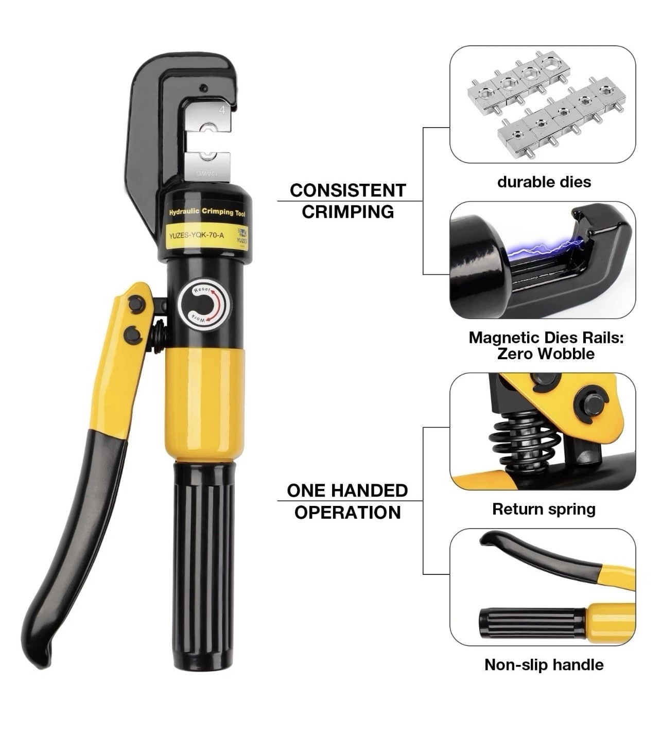 YUZES Hydraulic Crimping Tool 10 Tons, 12 AWG to 2/0 Battery Cable Yellow