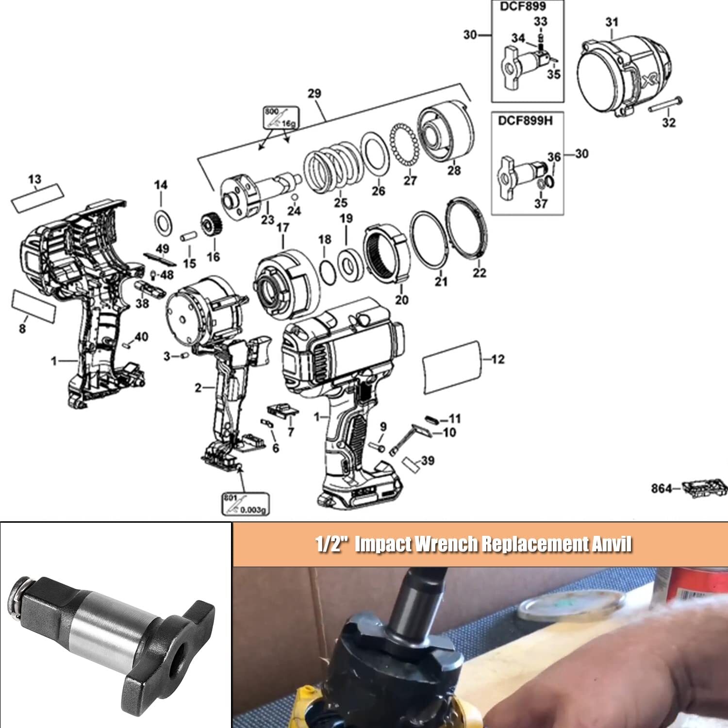 Impact Wrench Anvil Assembly 1/2» Dewalt Black &Decker 18V 20V MAX XR DCF899HB
