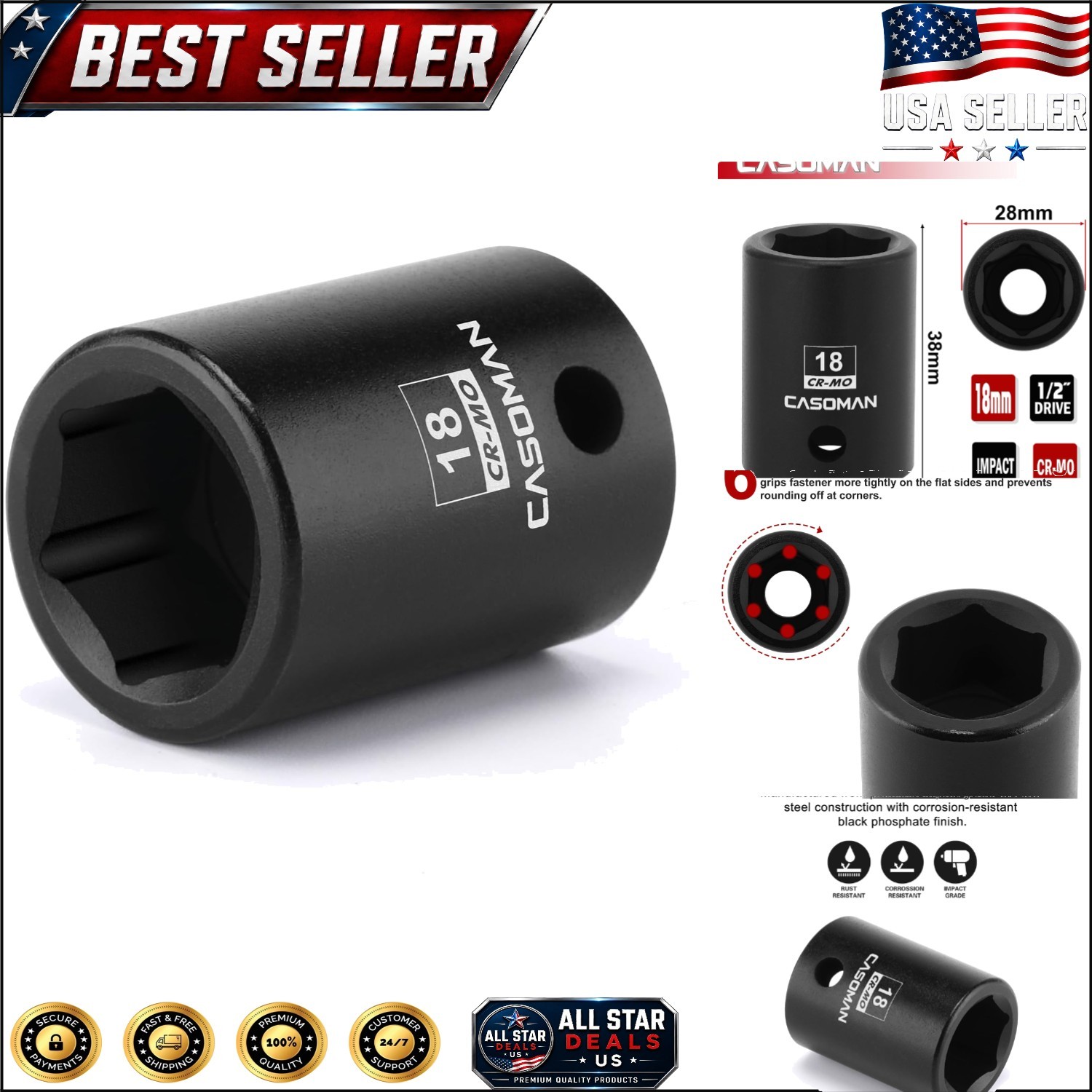 High-Visibility 1/2″ Drive 18mm Impact Socket – Corrosion-Resistant Finish
