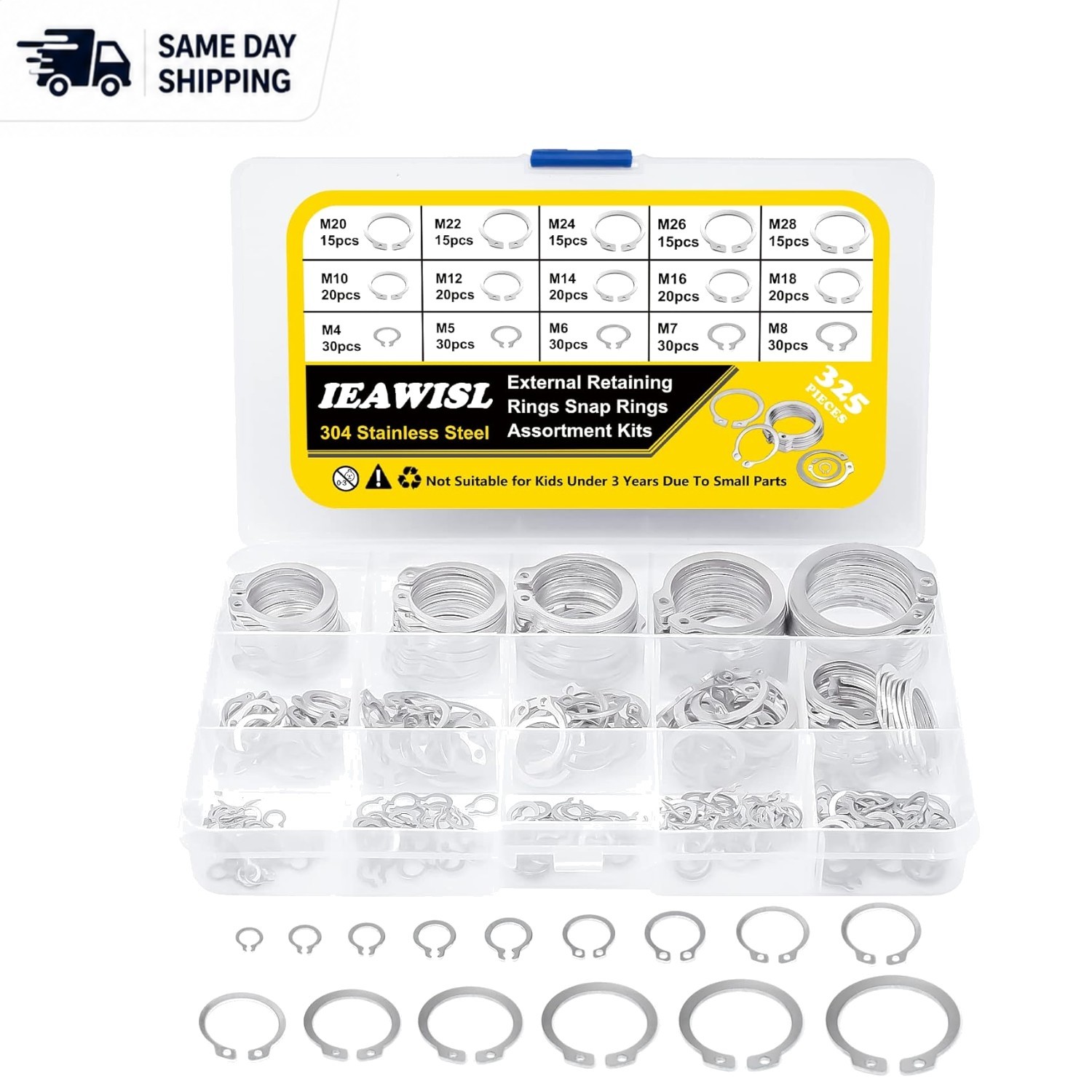 325PCS External Circlip Set – 304 Stainless Steel with Storage Box