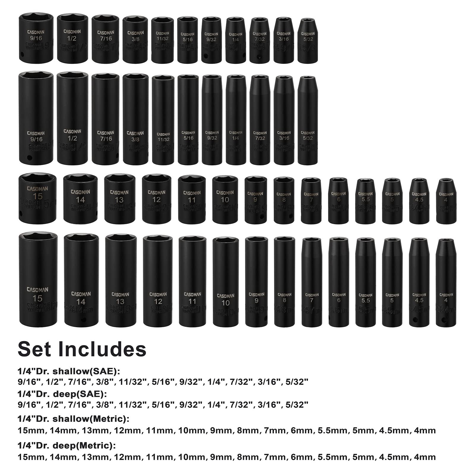 50-Piece 1/4″ Drive Impact Socket Set, 6-Point, SAE/Metric, Standard/Deep, CR-V