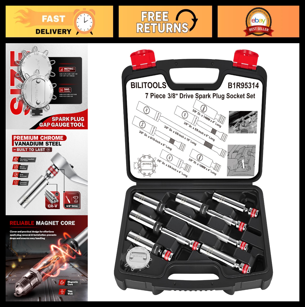 7pcs Magnetic Swivel Spark Plug Socket Set & Gap Tool, 3/8″ Drive, CR-V Steel, R