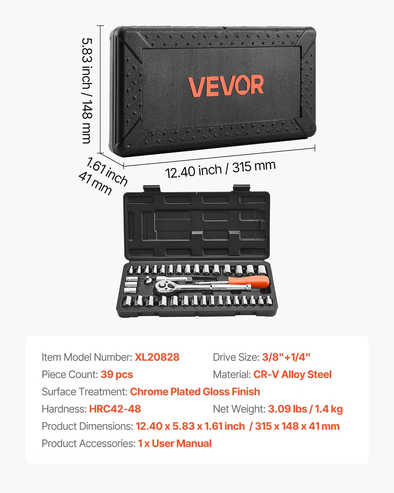 VEVOR 39-Piece Socket Set, 1/4″ & 3/8″ Drive, SAE & Metric Ratchet Tool Kit