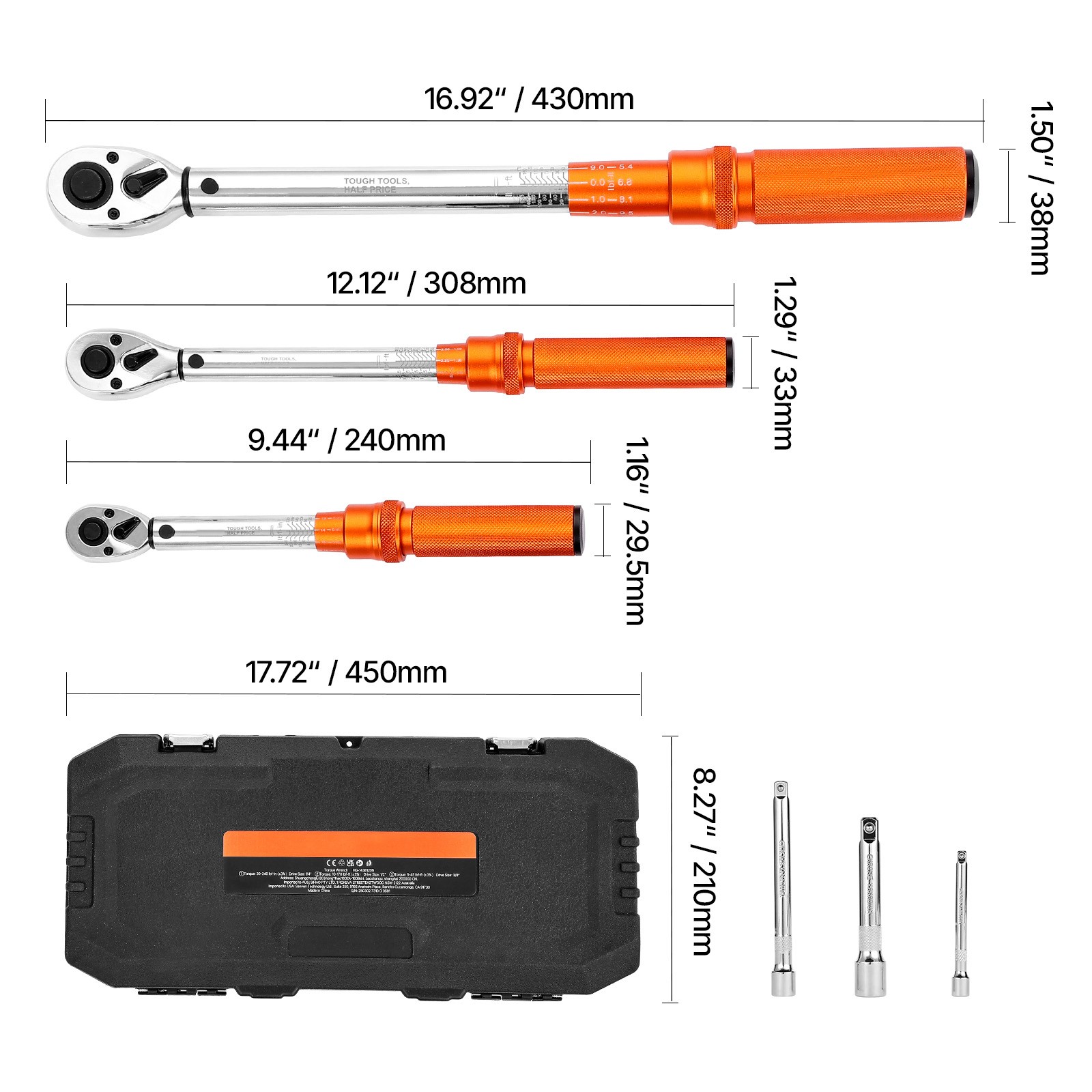 Click Torque Wrench Set 3Pcs 1/4 3/8 1/2 In Drive Dual-direction 72-Tooth