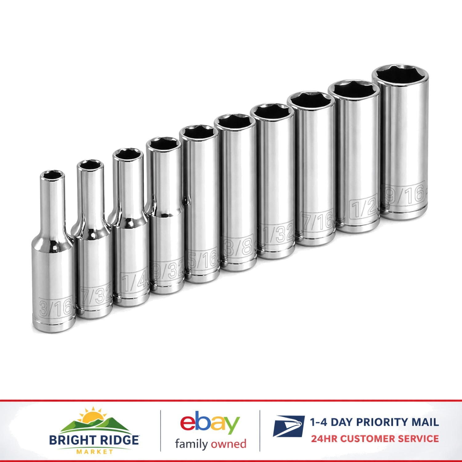 10 Piece Deep Socket Set with 1/4 Inch Drive for Automotive and Industrial Use