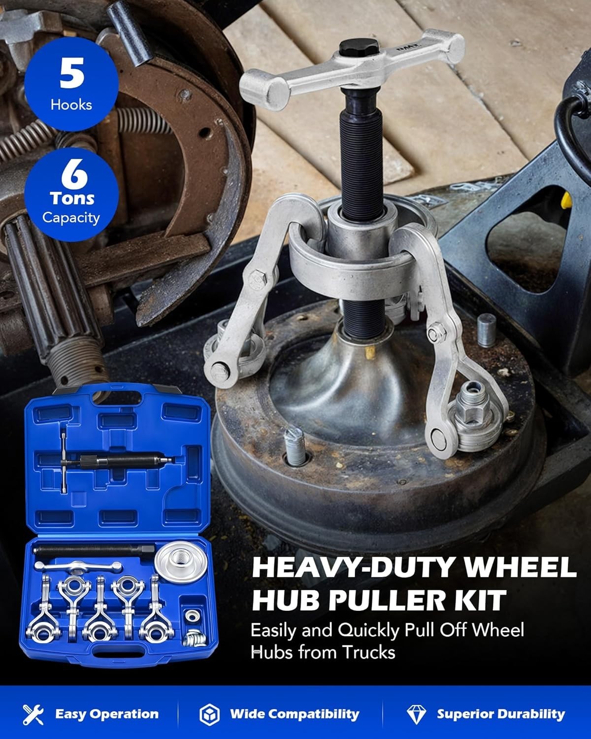 Heavy Duty Kit, Wheel Hub Removal Tool with Adjustable Hooks, Large Brake Dru…