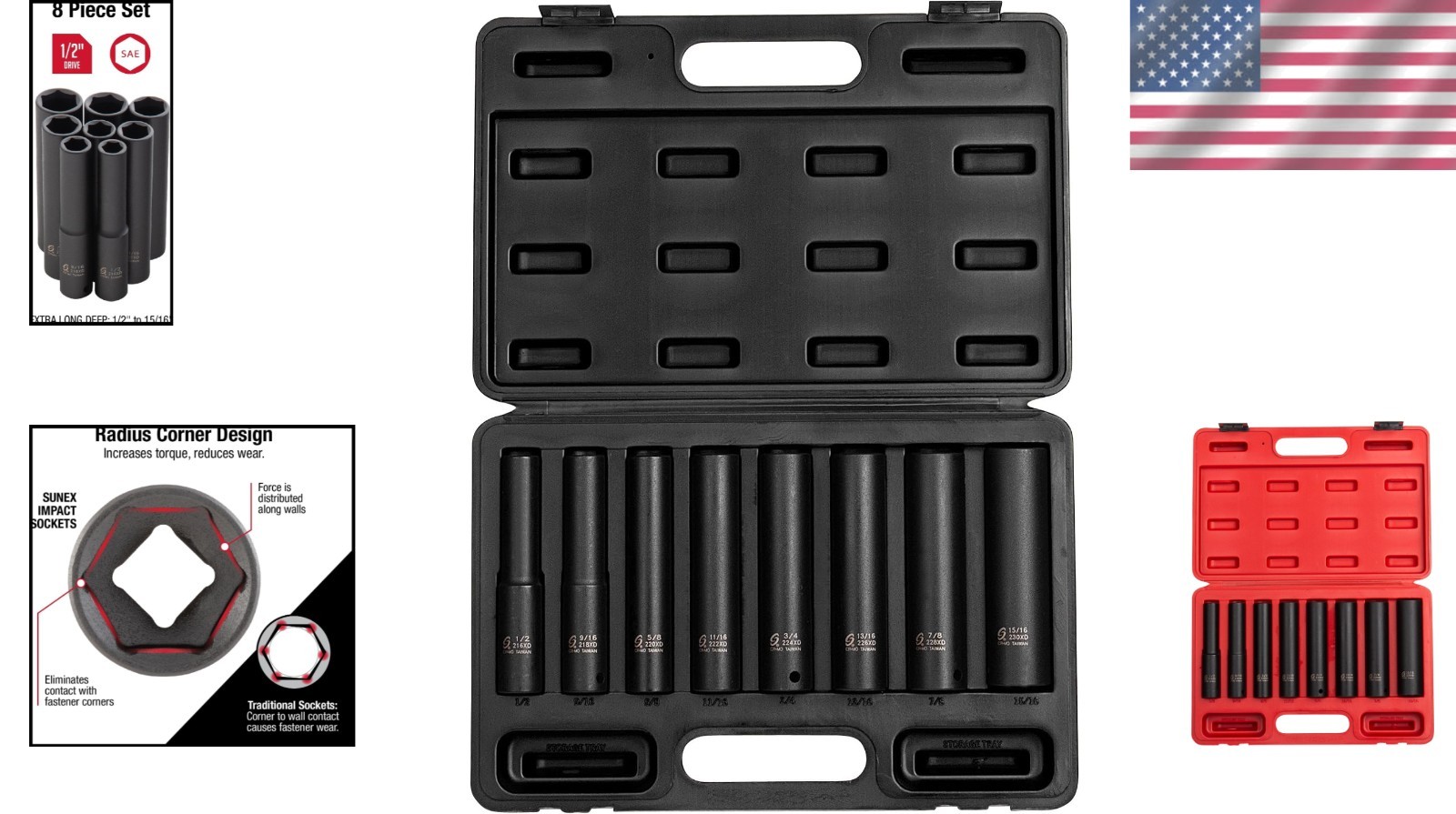 Sunex 2848 8-Piece 1/2» Drive Impact Socket Set – Extra Long Deep SAE Tools